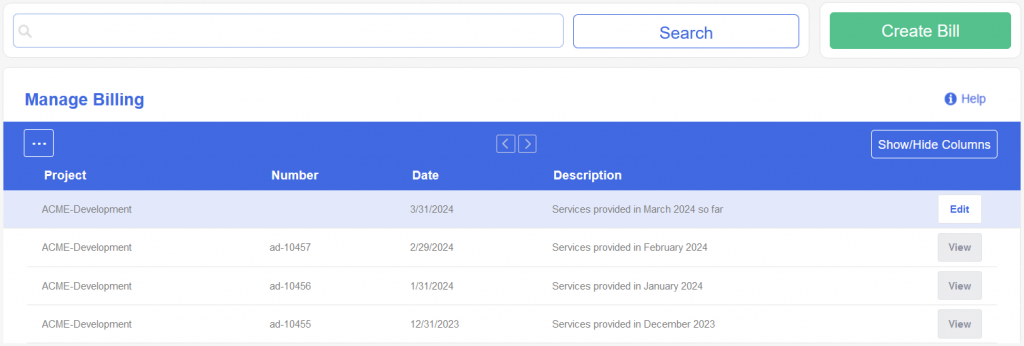 The new Billing view showing several bills with some that have been posted and one that is not.