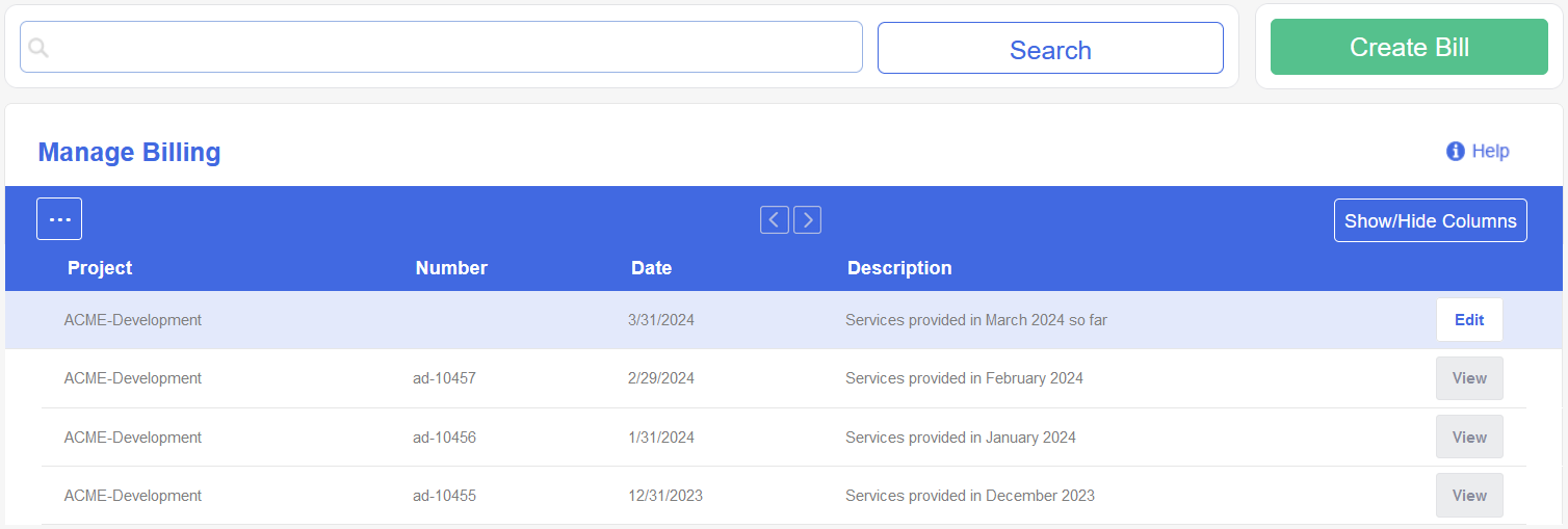 A screenshot of the Billing view with the search bar and create bill button side-by-side at the top. Below, a grid with several bills listed.