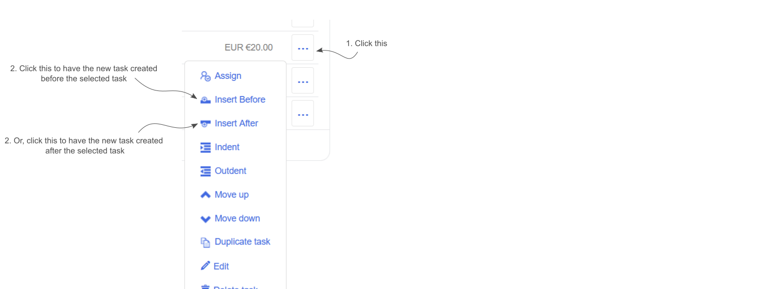 A task row's menu is displayed with the new Insert Before and Insert After menu items indicated.