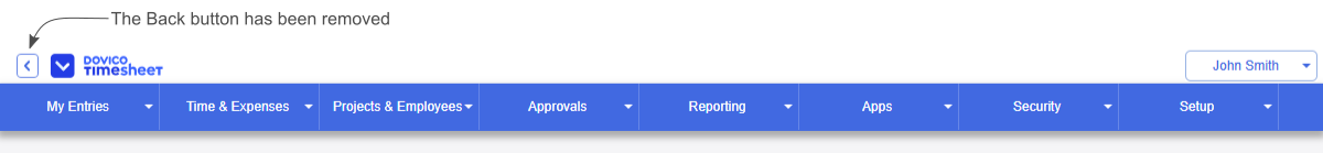 Image indicating the back button that has been removed with the Timesheet Fall Release.