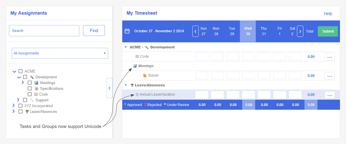 An image showing that the Dovico Timesheet Fall release now allows Unicode symbols for task and group names.