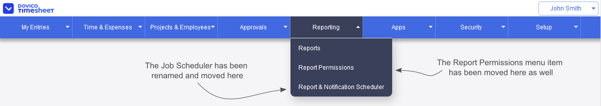 A visual showing that the Job Scheduler menu item has been renamed and moved under the Reporting menu.
