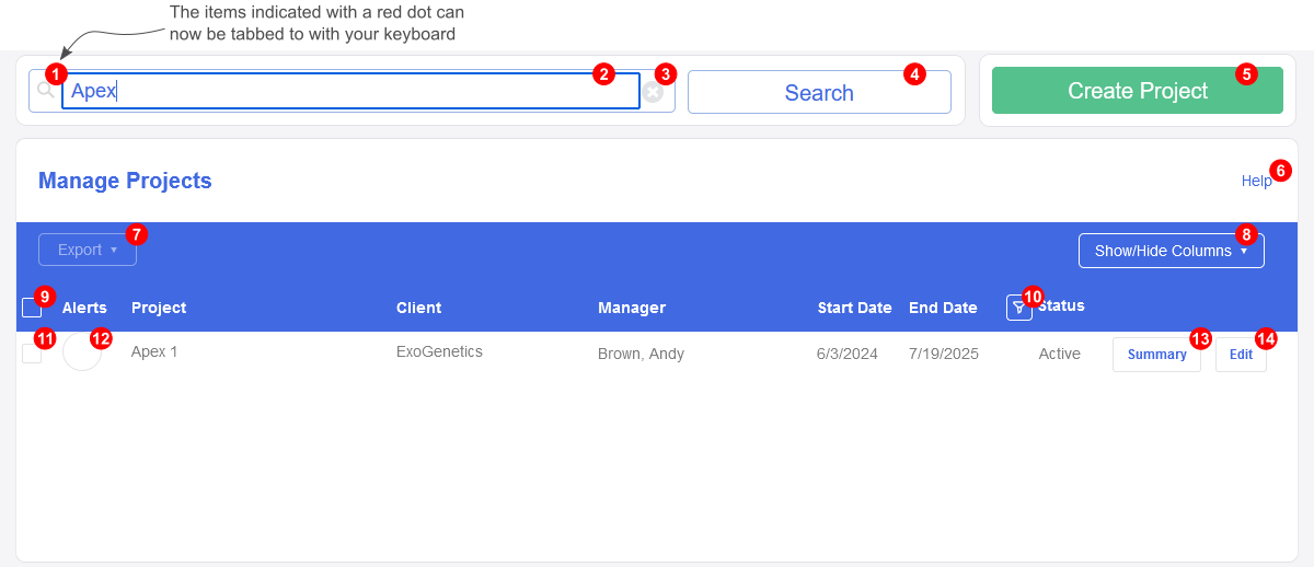 An image illustrating the improved keyboard tabbing support in the Projects view this release.