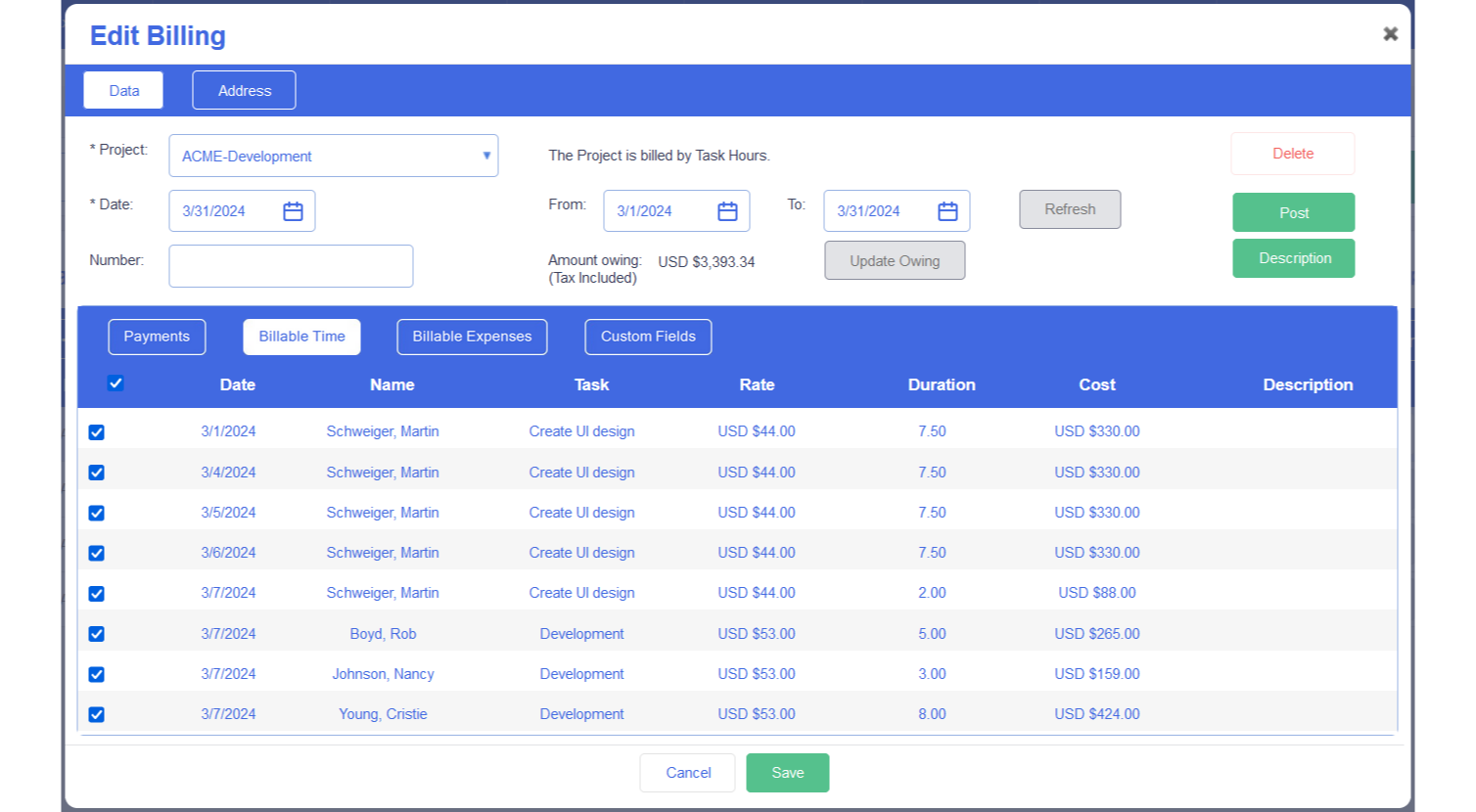 The dialog you'll see when creating or editing a bill in the Billing view that has been added to Dovico Timesheet.