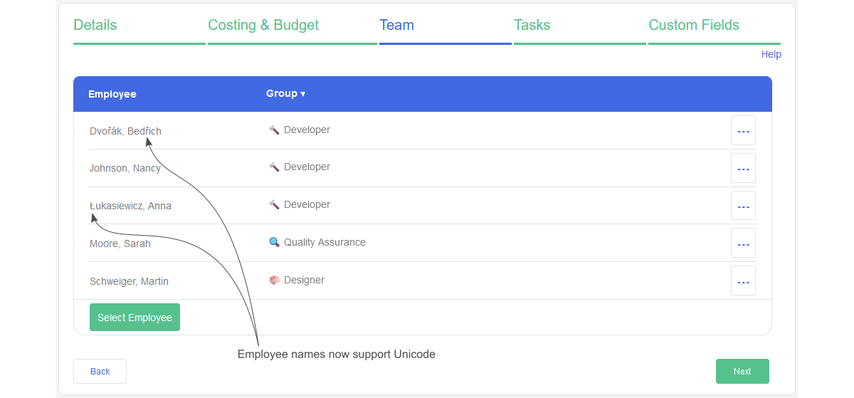 This image points out an example of the additional Unicode support for employee names that were added in the Dovico Timesheet Winter Release.