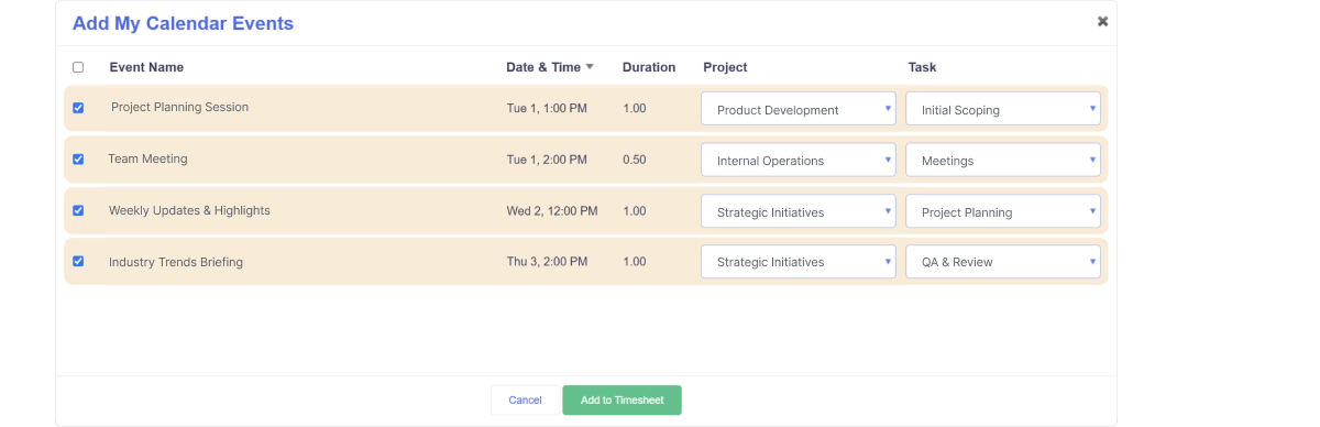 An image of the new Calendar Link dialog that's coming in the Dovico Timesheet Spring Release. It shows several calendar events listed that will be mapped to the user's tasks in Timesheet.