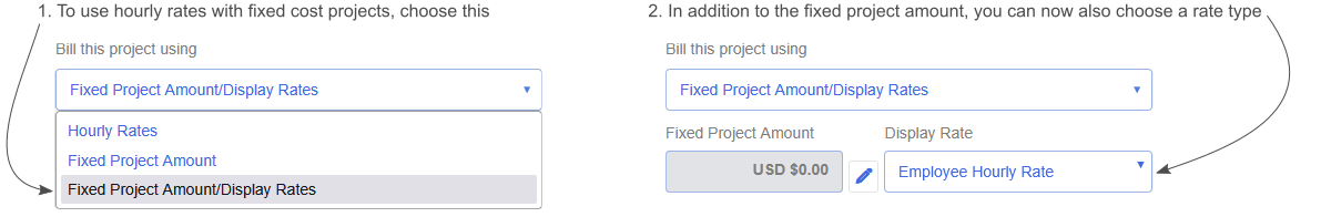 An image showing the new fixed project amount value in the 'Bill this project using' dropdown. The image also shows that a rate dropdown becomes available in addition to the fixed project amount field.