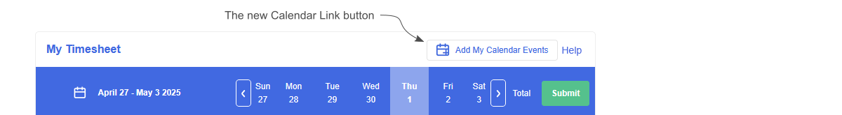 An image showing the button in My Timesheet that's used to access the new Calendar Link dialog.