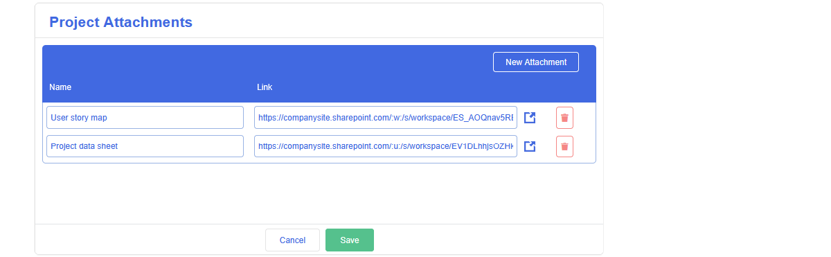 An image showing the new attachments dialog with a couple links specified.