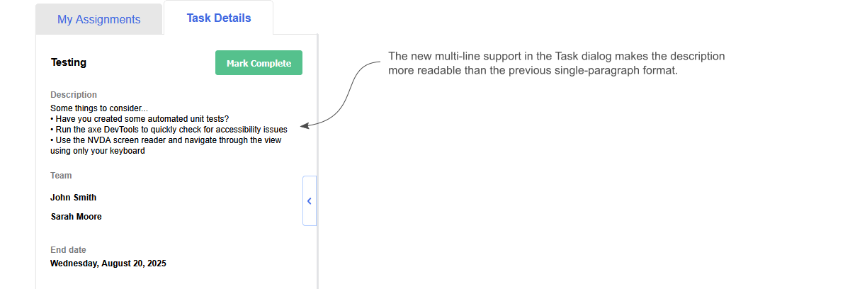 An image showing a Summer Release 2025 modification that allows a description to be multi-lined and how that improves readability in the My Timesheet view.