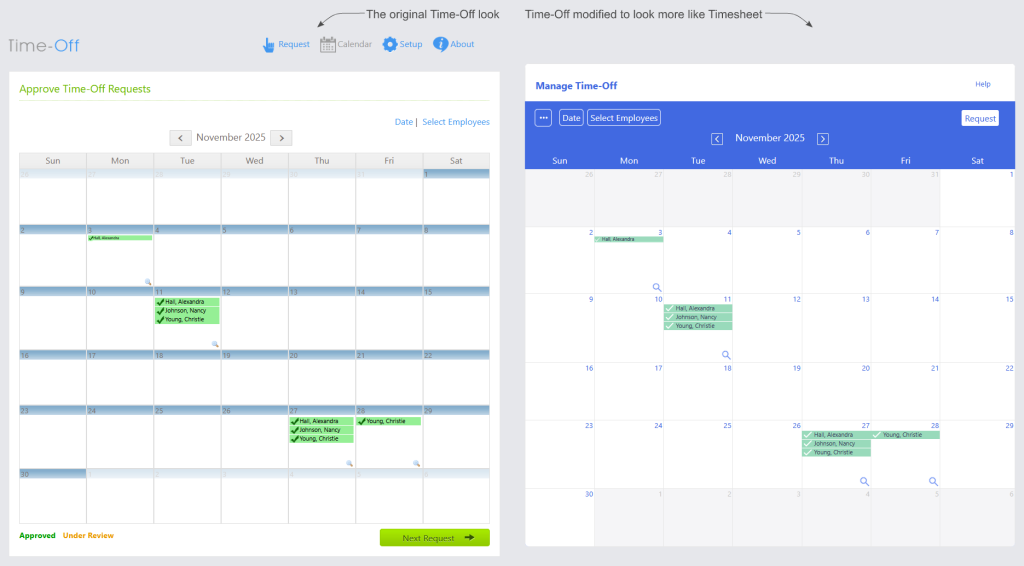 An image showing the before and after look of the Time-Off app's changes that are part of the Dovico Timesheet Fall Release 2025.