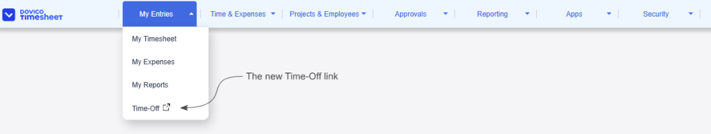 An image showing the location of the new link to Time-Off in the menu of Timesheet.