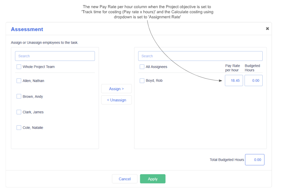 As part of our Dovico Timesheet Fall Release, the Assignment dialog now shows a Pay Rate per hour column when the Project Objective is set to ‘Track time for costing (Pay rate x hours)’ and the Calculate field is set to ‘Assignment Rate’.