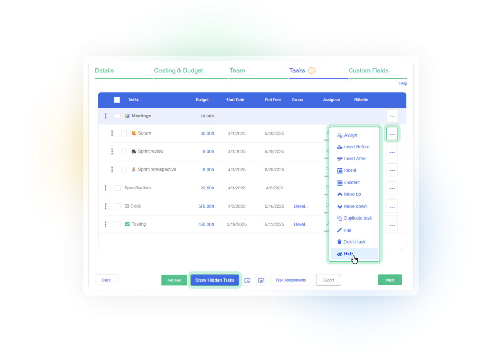As part of the Dovico Timesheet Winter Release 2026, this image shows a Hide option, in the context menu of a task row, allowing for the hiding of a task.
