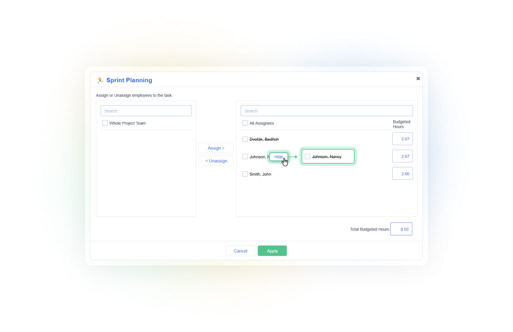 An image showing the context menu available in the task assignment dialog for the hiding of individual employee assignments.