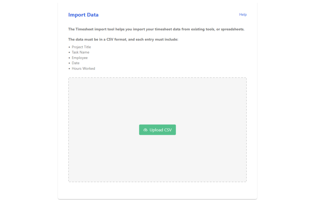 A screen shot showing the new Import view that's part of the Dovico Timesheet Spring Release 2026. An upload button exists to begin the import process.
