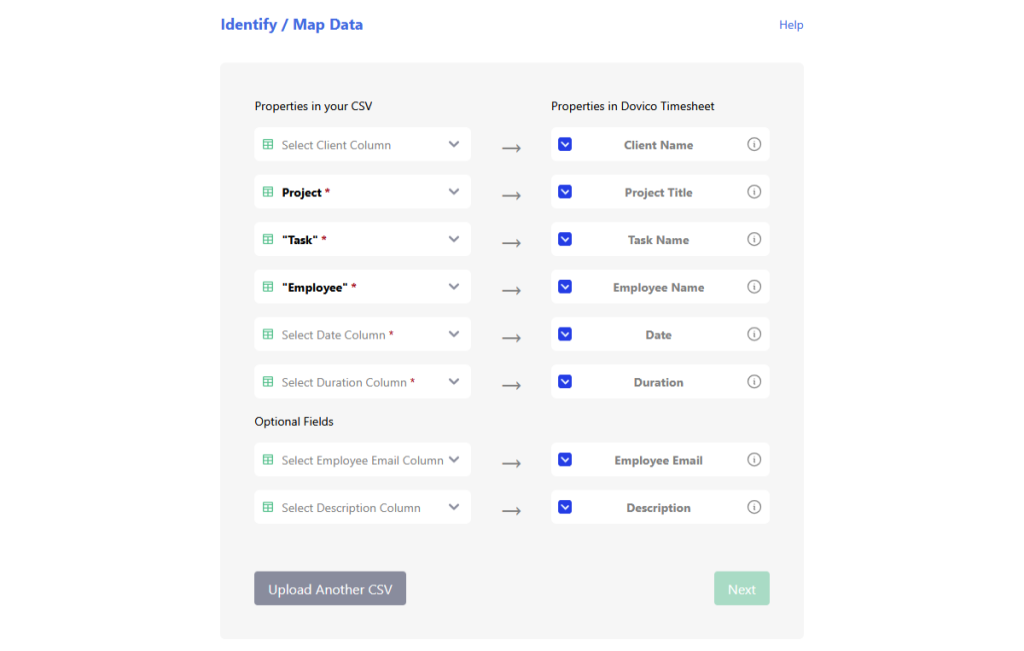 The next screen of the new import view where you can adjust the field mapping from the file to the Dovico Timesheet properties before completing the import.