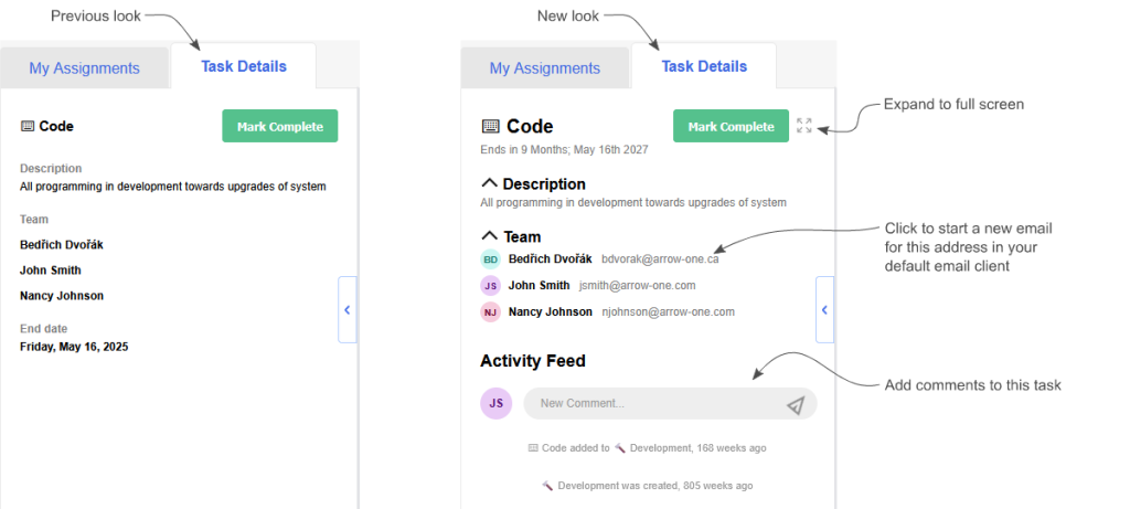 An image highlighting the changes made to the Task Details tab in My Timesheet for the Dovico Timesheet Summer Release 2026.