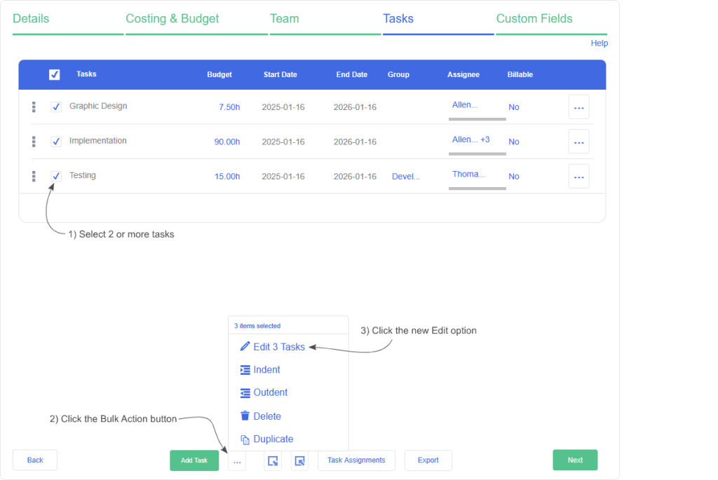 An image highlighting the new edit option in the bulk action menu when multiple tasks are selected in the project view.