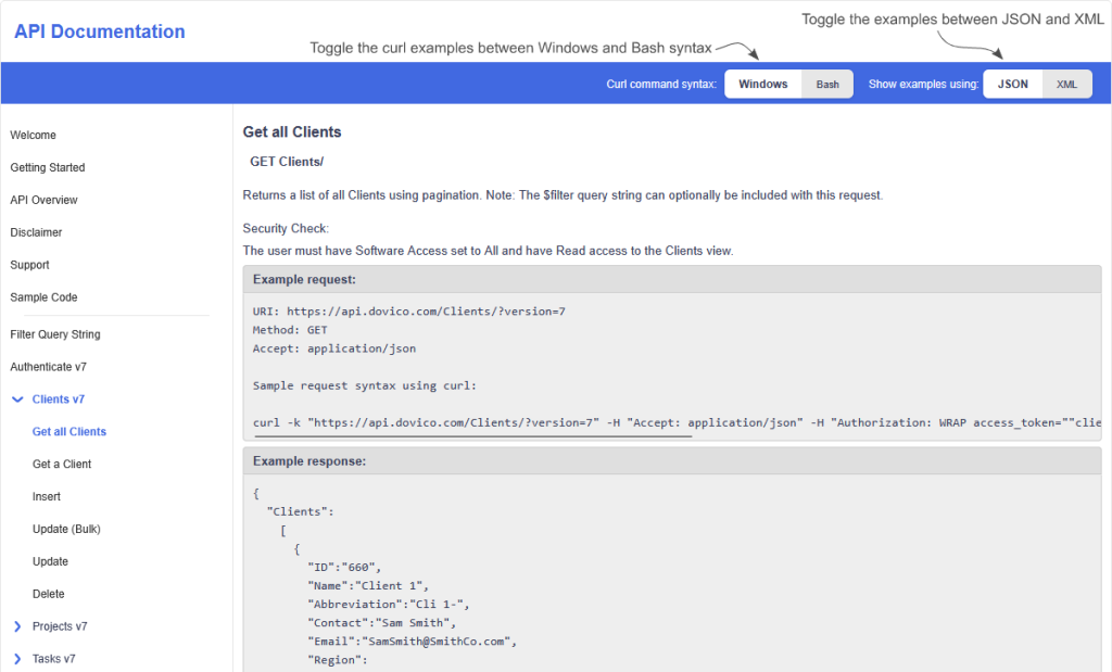 As part of the Dovico Timesheet Summer Release 2026, this image shows the new API documentation view with the ability to toggle between XML and JSON examples. Also highlighted is the ability to toggle the curl examples between the Windows and Bash syntax.