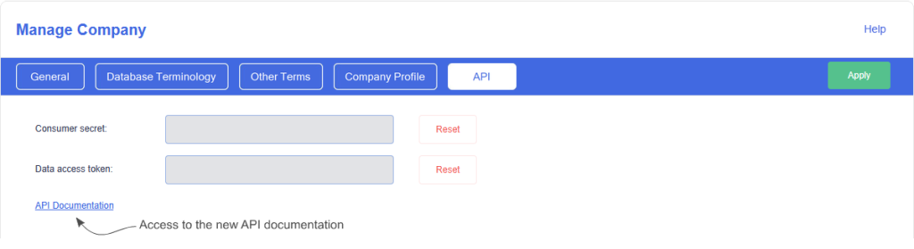 An image showing where in Dovico Timesheet to find the link to the new API Documentation.
